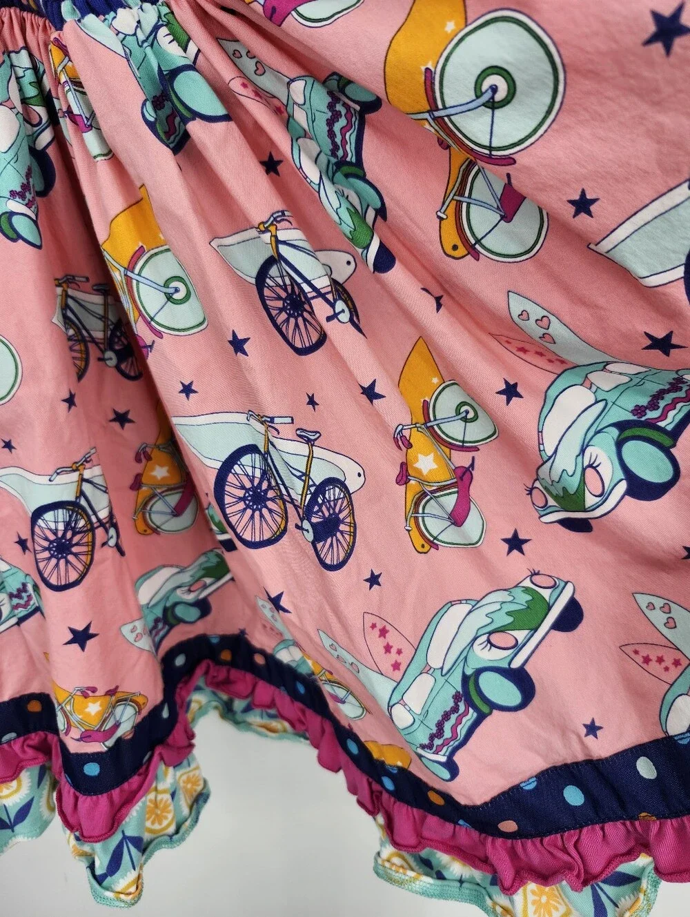 Wildflowers Girls Sundress Size 6 Pink Blue Bicycle Scooter Print Ruffle Dress